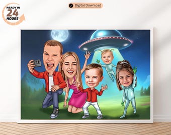 Karykatura rodzinna na zamówienie Portret rodzinny w formie kreskówki Portret rodzinny prezent w postaci karykatury rodzinnej ze zdjęcia