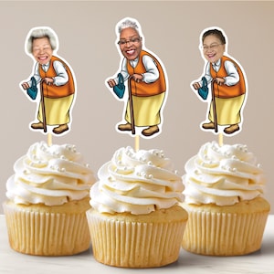 Funny Old Woman Cupcake Toppers, Over the Hill Face Toppers, Custom Birthday Decorations, 40th 50th 60th Birthday Party, Adult Face Toppers