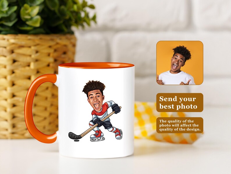 May include: White ceramic mug with an orange handle and rim, featuring a cartoon illustration of a hockey player. The mug has the text "Send your best photo". The quality of the photo will affect the quality of the design.