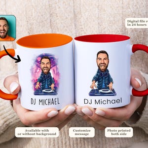 May include: Two white ceramic mugs with orange and red rims. Both mugs feature a cartoon illustration of a person with headphones and a DJ mixer. The text "DJ Michael" is printed on both mugs.