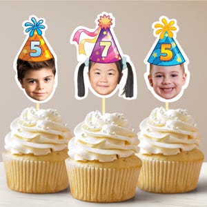Birthday Hat Any Color Any Age Personalized Face Cupcake Toppers
