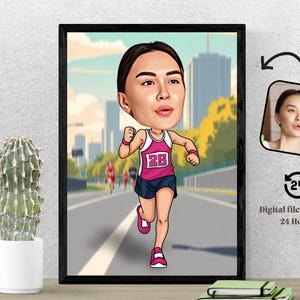 Caricatura personalizada de corredor de maratón Retrato personalizado de dibujos animados de carrera de maratón Regalo para corredor de maratón Arte de pared de carrera de maratón