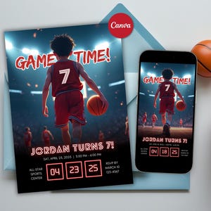 Basketball Birthday Invitation Card Template Basketball Player Birthday Party Basketball Theme Birthday Invite for Boys Slam Dunk Canva