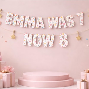 May include: A two-tiered birthday banner hanging on a string with gold glitter stars. The letters and numbers are white with a colorful confetti pattern. The top row reads EMMA WAS 7 and the bottom row reads NOW 8. The banner is displayed above a pink pedestal.