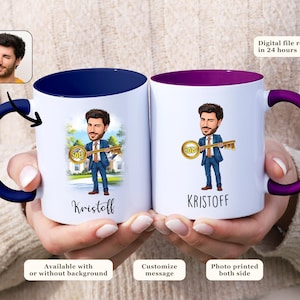 May include: Two white ceramic mugs featuring a cartoon illustration of a man holding a key with "SOLD" on it. One mug has a navy blue handle and interior, the other has a purple handle and interior. The name "Kristoff" is printed below the illustration. Text on the image includes "Digital file ready in 24 hours".