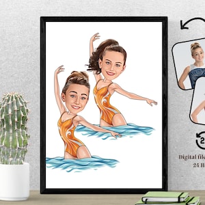 Caricatura personalizzata di nuotatori sincronizzati Regalo di nuoto sincronizzato Caricatura artistica di nuotatore Caricatura di nuotatore Ritratto di nuotatore