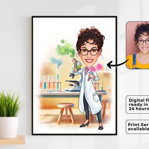 Aangepast cartoonportret vrouwelijke wetenschapper karikatuur voor wetenschapsliefhebbers