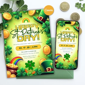 St. Patrick's Day Party Invitation Template, Neon Glow St. Patrick's Day Celebration St. Patty's Day Shamrock Beer Rainbow Clover Canva
