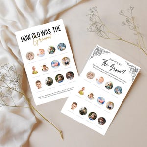 May include: Two white rectangular game cards titled How Old Was The Groom? featuring circular photo slots of a child at various ages. The cards include lines for writing answers and instructions to guess the age of the groom in each photo.