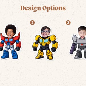 May include: Design Options graphic with three cartoon robot designs. Each robot has a child's face. The robots are red and blue, yellow and black, and gray and black. The text "Design Options" is in brown.