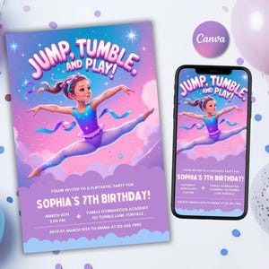 Gymnastics Birthday Invitation Jump Tumble & Play Girl Gymnastics Birthday Party Invite Gymnast Gymnastics Birthday Party Canva
