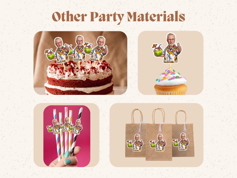 May include: A set of party supplies featuring a tropical theme. The set includes a red velvet cake with a character topper, a cupcake with a character topper, colorful straws with character toppers, and brown paper bags with character toppers. The characters are wearing Hawaiian shirts and holding tropical drinks.