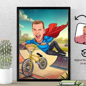 BMX Rider Custom Caricature Gift Portrait from Photo Biker as Cartoon Character Photo Caricature Bicycle Boy Bike Gift Idea BMX Decoration