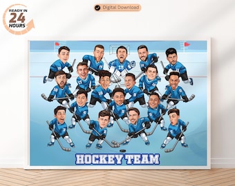 Personalized Ice Hockey Team Caricature: Players and Coach Gift