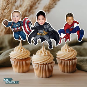 Adornos para cupcakes de dibujos animados personalizados, set de fiesta con temática de héroes, adorno para pastel de princesa, cualquier tema, adornos para cupcakes con cara de superhéroe, personajes de cómic