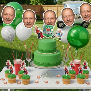 May include: A birthday party scene with a green two-tiered cake, cupcakes, balloons, and golf-themed decorations. The cake is decorated with grass-like frosting and a topper that says "Happy Birthday Norman".