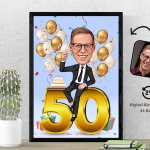 Gepersonaliseerde 50e verjaardag karikatuur van foto, gelukkige verjaardag cartoon portret cadeau, gelukkige 50e verjaardag 50e cartoon print