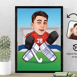 Caricatura de portero de hockey sobre césped personalizada, caricatura imprimible, regalo de atleta para jugador de hockey, obra de arte deportiva, regalo para aficionado al hockey.