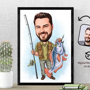 Personalisierte Fischer Cartoon Portrait Kundenspezifische Fischer Karikatur Zeichnung vom Foto Lustiges Fischer Karikaturgeschenk für Fischer