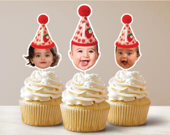 Custom Strawberry First Cupcake Toppers Berry First Birthday 1st Birthday Face Cupcake Toppers Strawberry Party Decorations Berry Cute Pink