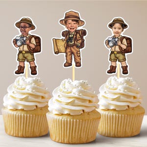 Safari Explorer Personalized Face Cupcake Toppers, Custom Baby Face Cupcake Topper, First Birthday Cupcake Topper, Milestone Birthday