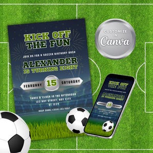 Customizable Soccer Birthday Invitation Card Template Football Invitation Soccer Invitation Card Template Editable in Canva