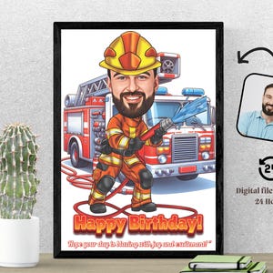 Retrato de caricatura de bombero Caricatura de bombero a partir de foto Regalo para él Retrato de bombero Retrato de bombero Caricatura de bombero