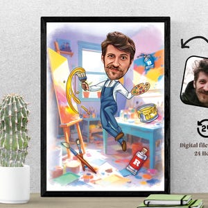Artista Caricatura personalizada Pintor Artista Caricatura Colorear Obra de arte Dibujo Boceto Retrato Regalo de cumpleaños Lienzo Diseñador Obra de arte imprimible