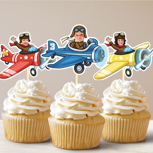 Vintage Airplane Personalized Face Cupcake Toppers