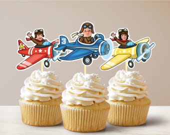 Vintage Airplane Personalized Face Cupcake Toppers