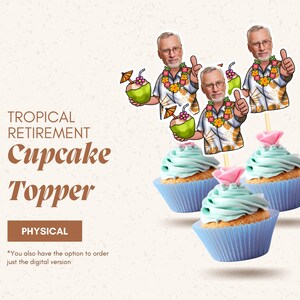 May include: Tropical Retirement Cupcake Topper featuring a cartoon image of a person wearing a Hawaiian shirt and holding a coconut. The topper is printed on a white background and is perfect for adding a fun touch to your retirement cupcakes.