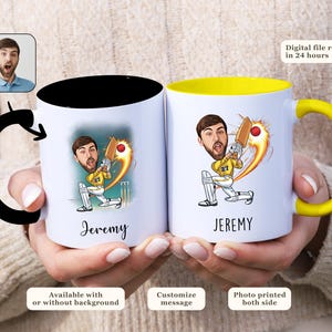 May include: A white ceramic mug with a black interior and a yellow rim. The mug features a cartoon illustration of a person playing cricket. The mug is personalised with the name "Jeremy".