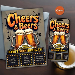 Biglietto d'invito per la festa di compleanno Cheers & Beers, Shhh, è una sorpresa, invito per la festa della birra, invito per la birra per uomini, compleanno al pub, Canva