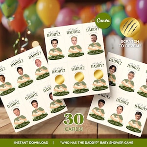 Chi ha il papà del bambino? Modello per biglietto da gioco per baby shower, gioco di indovinelli per baby shower, giochi per baby shower, gratta e vinci per baby shower, Canva