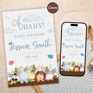 Jungle Safari Baby Shower Invitation Card Template Oh Baby Safari Baby Shower Invitation Safari Animals Baby Shower Invitation Template