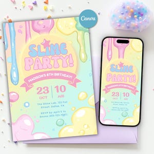 Plantilla de invitación para fiesta de cumpleaños de slime. Celebración de fiesta de slime para niñas y niños. Invitación de cumpleaños para fiesta de slime. Canva.