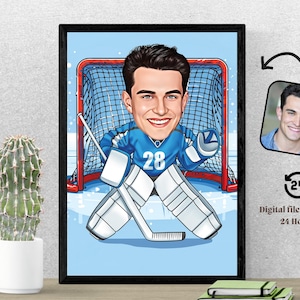 Caricatura personalizada de portero de hockey sobre hielo a partir de una foto. Regalo de portero de hockey. Regalo perfecto para jugadores de hockey.