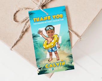 May include: A personalized gift tag with a cartoon illustration of a boy wearing swim goggles and a yellow inflatable ring. The tag reads "THANK YOU" and "Love CALVIN 08.23.25" against a beach scene background.