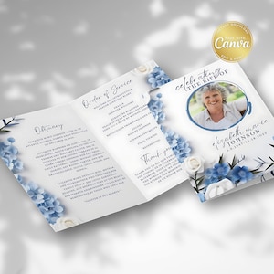 Modello di programma funebre floreale blu, ordine di servizio stampabile, programma commemorativo semplice, servizio funebre, celebrazione della vita