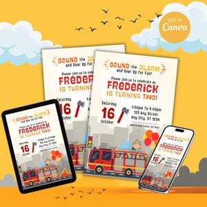 Customizable Firetruck Kids Birthday Invitation Card Template Fire Truck Birthday Invitation Firetruck Invitation Fire Truck Invitation