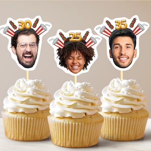 Adult Birthday Hat Personalized Face Stick, Head on a Stick Cupcake Toppers, Photo Cupcake Toppers, Face Baby Cupcake Photo