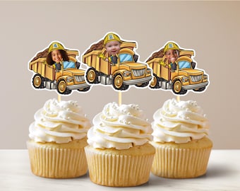 Construction Dump Truck Personalized Face Cupcake Toppers First Birthday Party Decor, Baby Face Cut Out, Personalized Cake Decoration