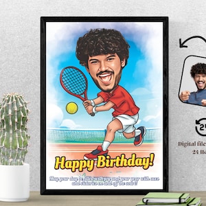 Aangepaste mannelijke tennisspeler cartoon tennis cartoon tenniskarikatuur cadeau met bericht aangepaste karikatuur van foto tennisportret