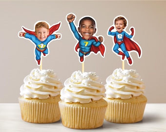 Adornos para cupcakes personalizados con cara de héroe de cómic, adornos para cupcakes personalizados con cara de bebé, adornos para cupcakes de primer cumpleaños, cumpleaños importante