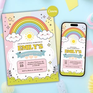 Rainbow Birthday Invitation Template Pastel Cute Rainbow Stars Rainbow-Themed Kids Birthday Invite Girls Boys Fun Rainbow Template Canva