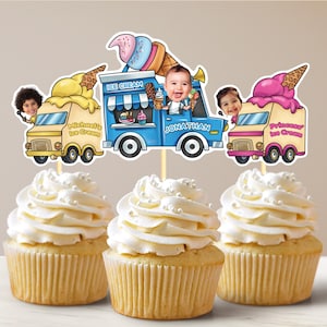 Eiswagen Personalisiertes Gesicht Cupcake Toppers, Eis Social Party Decor, Pool Party Decor, Cake Smash, Erster Geburtstag Thema