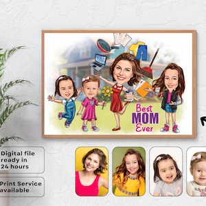 Caricatura personalizada de madre e hijos, regalo personalizado de maternidad para mamá, feliz día de la madre, feliz cumpleaños, mamá, caricatura imprimible de mamá
