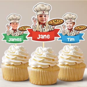 Custom Pizza Chef Cupcake Toppers Pizza Party Cupcake Toppers with Photo Chef Design Chef Hat Slice Slice Chef Decorations Pizza Decorations