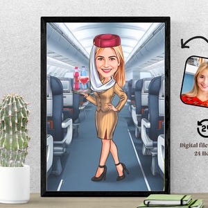 Aeromoça Caricatura Retrato da tripulação de cabine Comissária de bordo Caricatura personalizada Presente da aeromoça para senhora do avião Retrato de mulher de viagem