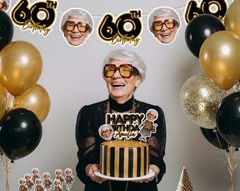 Personalized Milestone Party Bundle: Any Age Custom Big Head, Face Birthday Banner, Drink Stirrers, Custom Straws, Cupcake Toppers